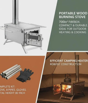 80-Inch RVS Camping Houtkachel met 8 Pijpen - Draagbaar & Efficiënt voor Buiten Koken & Verwarming