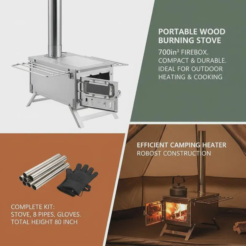 80-Inch RVS Camping Houtkachel met 8 Pijpen - Draagbaar & Efficiënt voor Buiten Koken & Verwarming