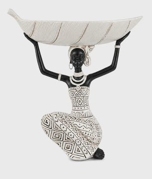 Afrikaanse Tribale Vrouw Beeld met Blad Schaal - Decoratieve Opberger