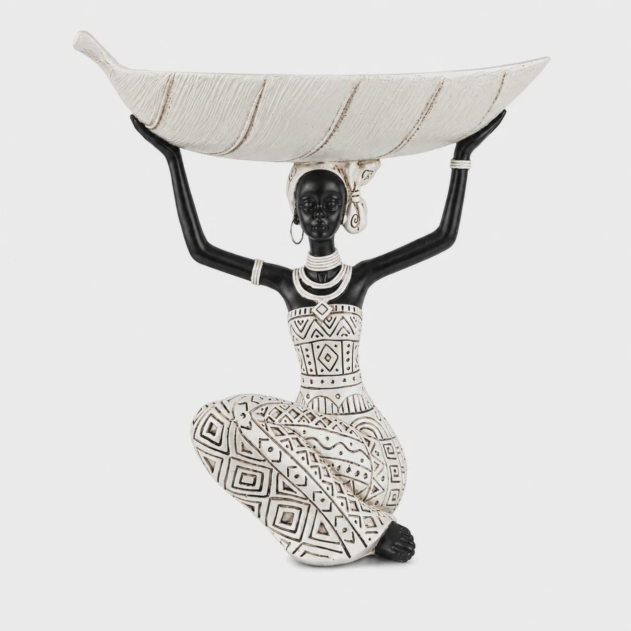Afrikaanse Tribale Vrouw Beeld met Blad Schaal - Decoratieve Opberger
