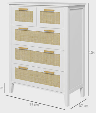 Stijlvolle Commode met 5 Lades en Rotan Fronten - Ideaal voor Woonkamer, Slaapkamer of Kantoor