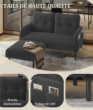 Corduroy 2-zitsbank met hoge rugleuning, zijvak en metalen poten - 120x75x79 cm