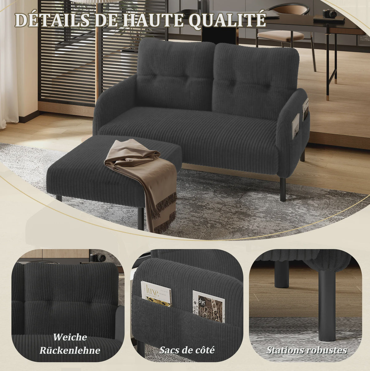 Corduroy 2-zitsbank met hoge rugleuning, zijvak en metalen poten - 120x75x79 cm
