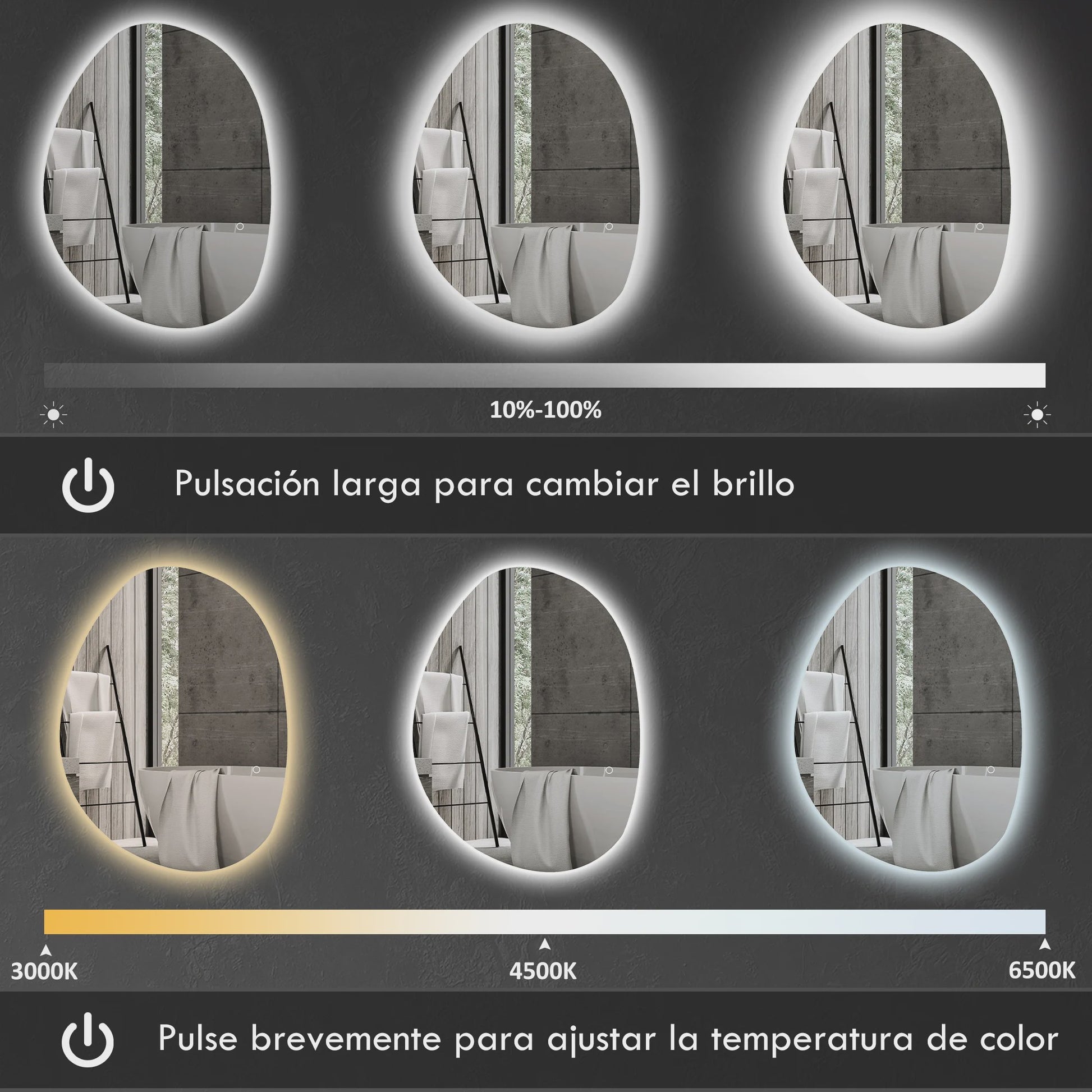 Homcom Badkamerspiegel met LED-verlichting: 3 Kleuren, Dimbaar, Anti-Condens & Geheugenfunctie