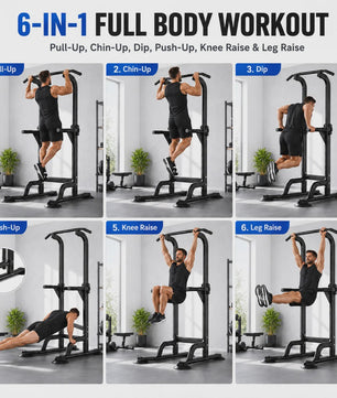 Power Tower Pull Up & Dip Station: 6-in-1 Home Gym voor Krachttraining, Verstelbaar (165-210cm), 350LB Capaciteit