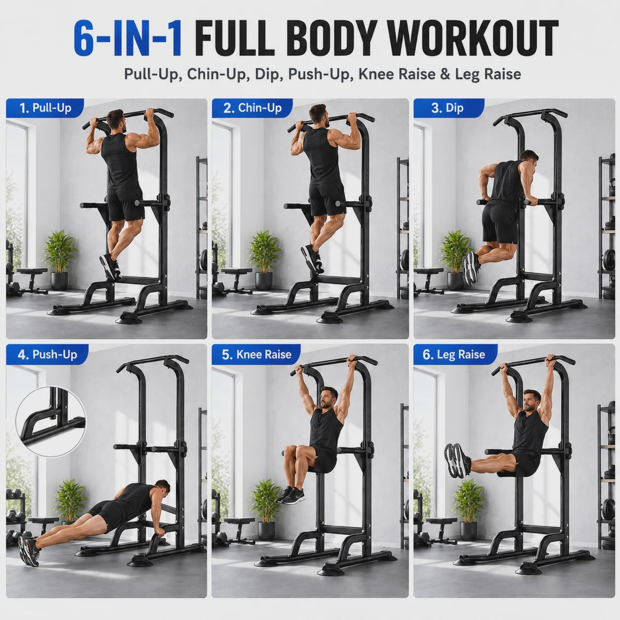 Power Tower Pull Up & Dip Station: 6-in-1 Home Gym voor Krachttraining, Verstelbaar (165-210cm), 350LB Capaciteit