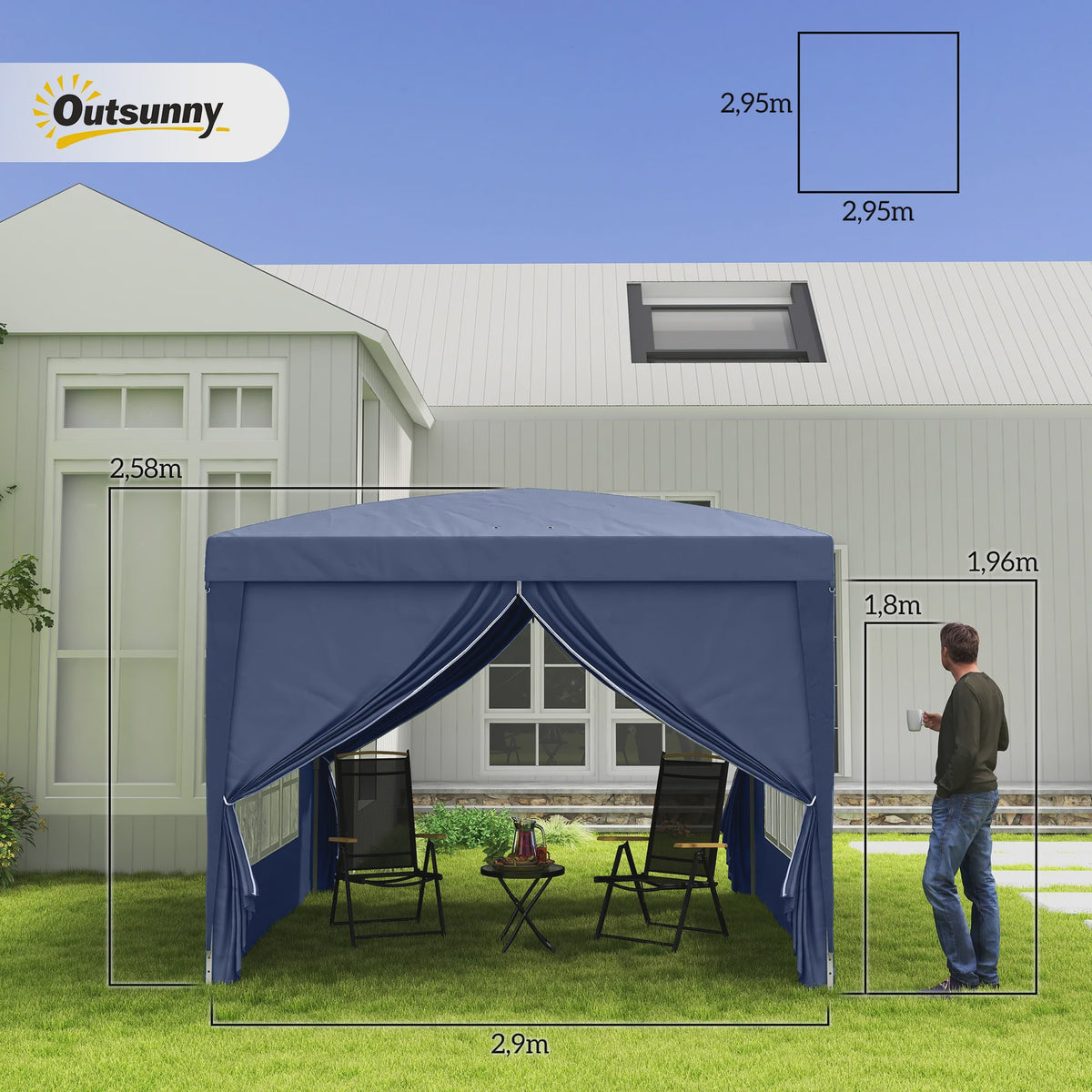 Outsunny Partytent 3x3m met 4 Afneembare Wanden en Draagtas - Blauw