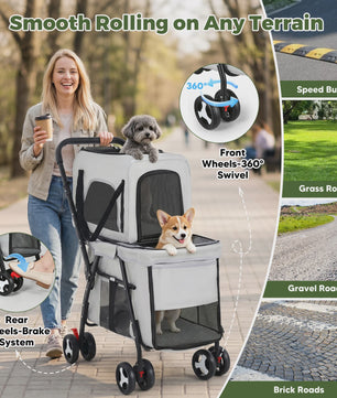 3-in-1 Hondenbuggy met 2 Niveaus - Draagbaar, Opvouwbaar & Veilig - Grijs