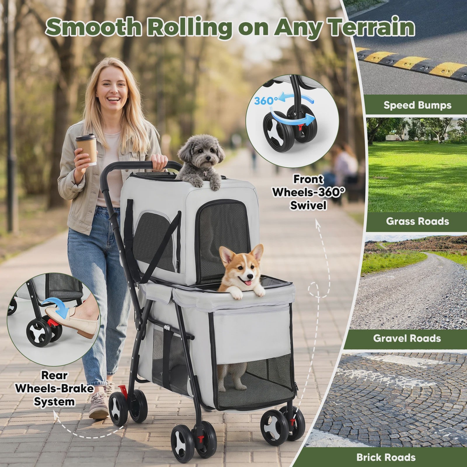 3-in-1 Hondenbuggy met 2 Niveaus - Draagbaar, Opvouwbaar & Veilig - Grijs