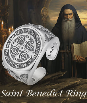 Sint Benedictus Ring 925 Sterling Zilver - Verstelbaar, Vintage Kruis Medaille Juweel