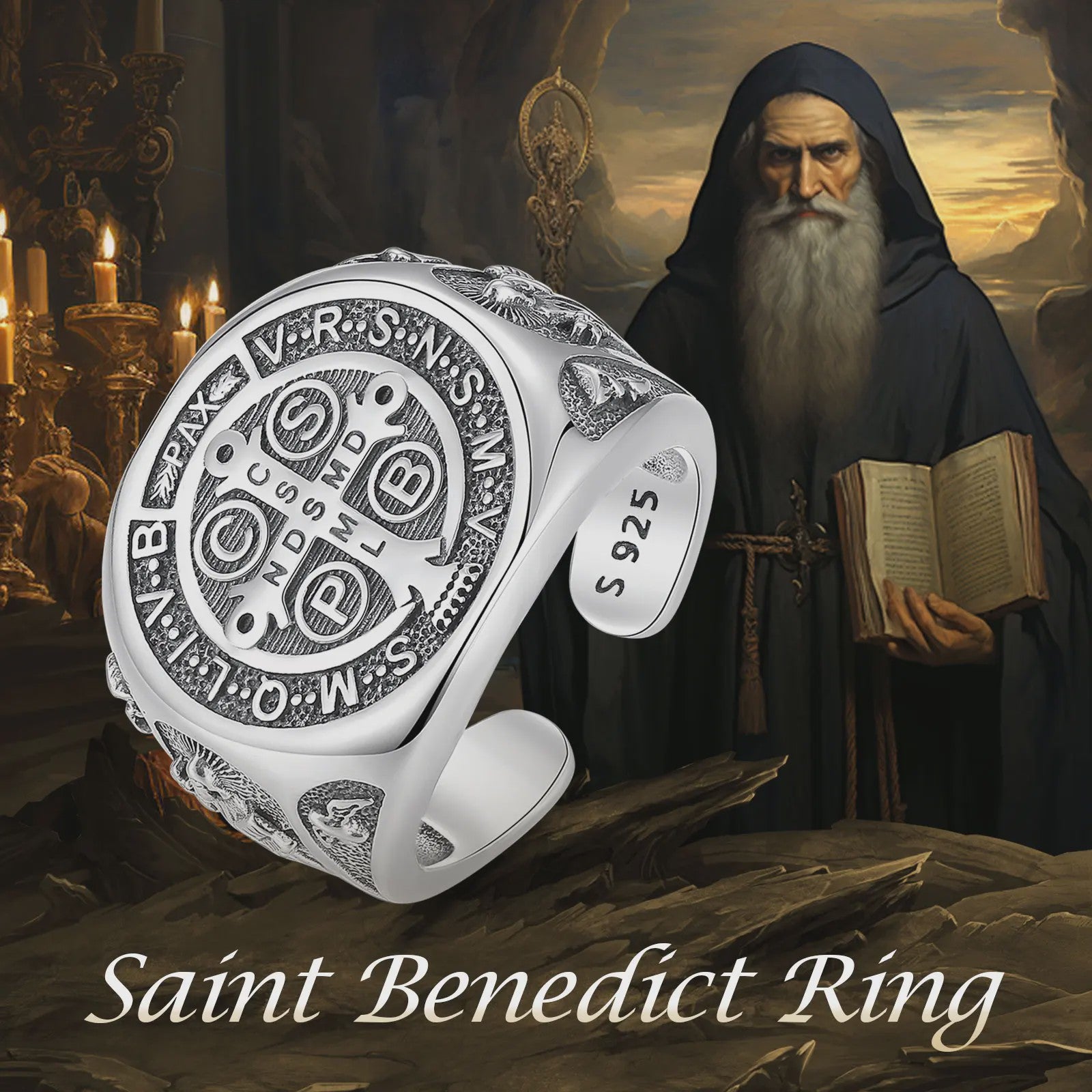 Sint Benedictus Ring 925 Sterling Zilver - Verstelbaar, Vintage Kruis Medaille Juweel