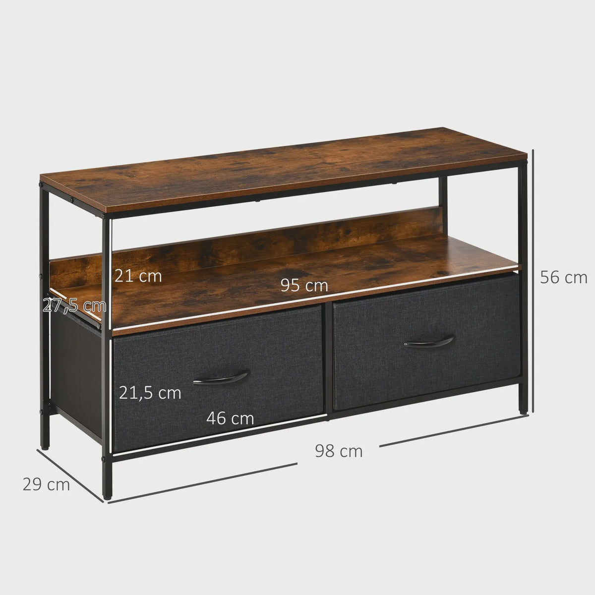 HOMCOM Furniture TV low on legs industrial Style 2 drawers in gray MDF fabric rustic brown and black metal