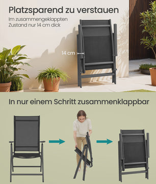 Set van 2 inklapbare tuinstoelen met aluminium frame, 8-voudig verstelbare rugleuning en 150 kg belastbaarheid