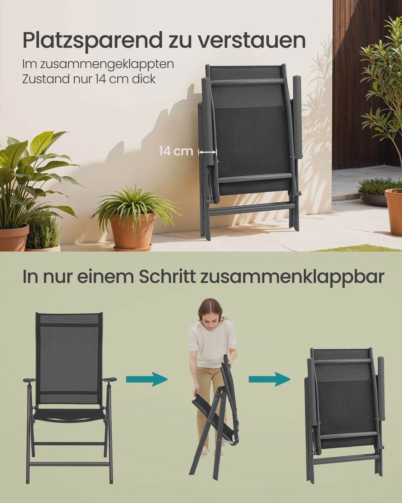 Set van 2 inklapbare tuinstoelen met aluminium frame, 8-voudig verstelbare rugleuning en 150 kg belastbaarheid