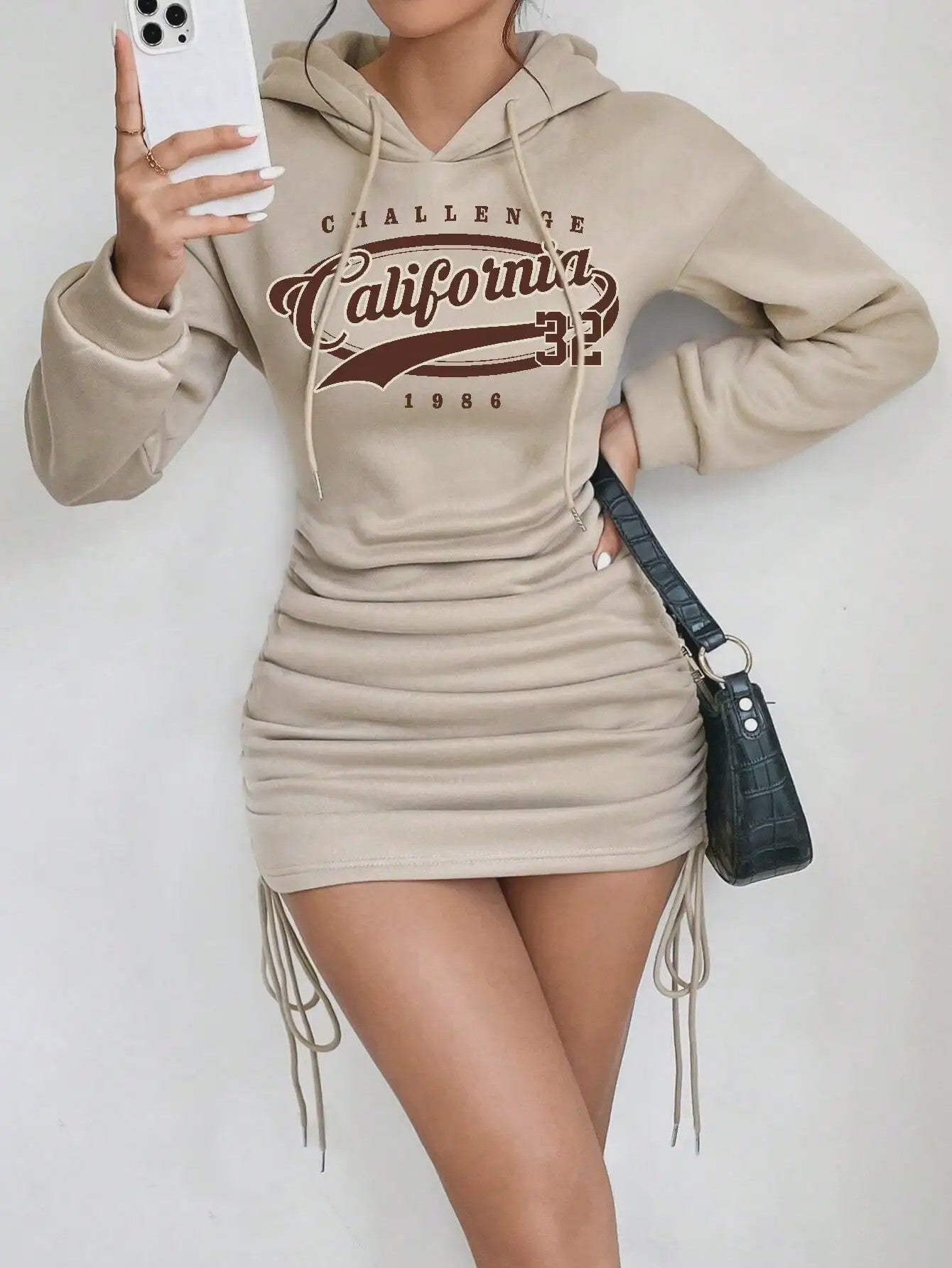 Casual Hoodie Jurk met California Print en Ruches