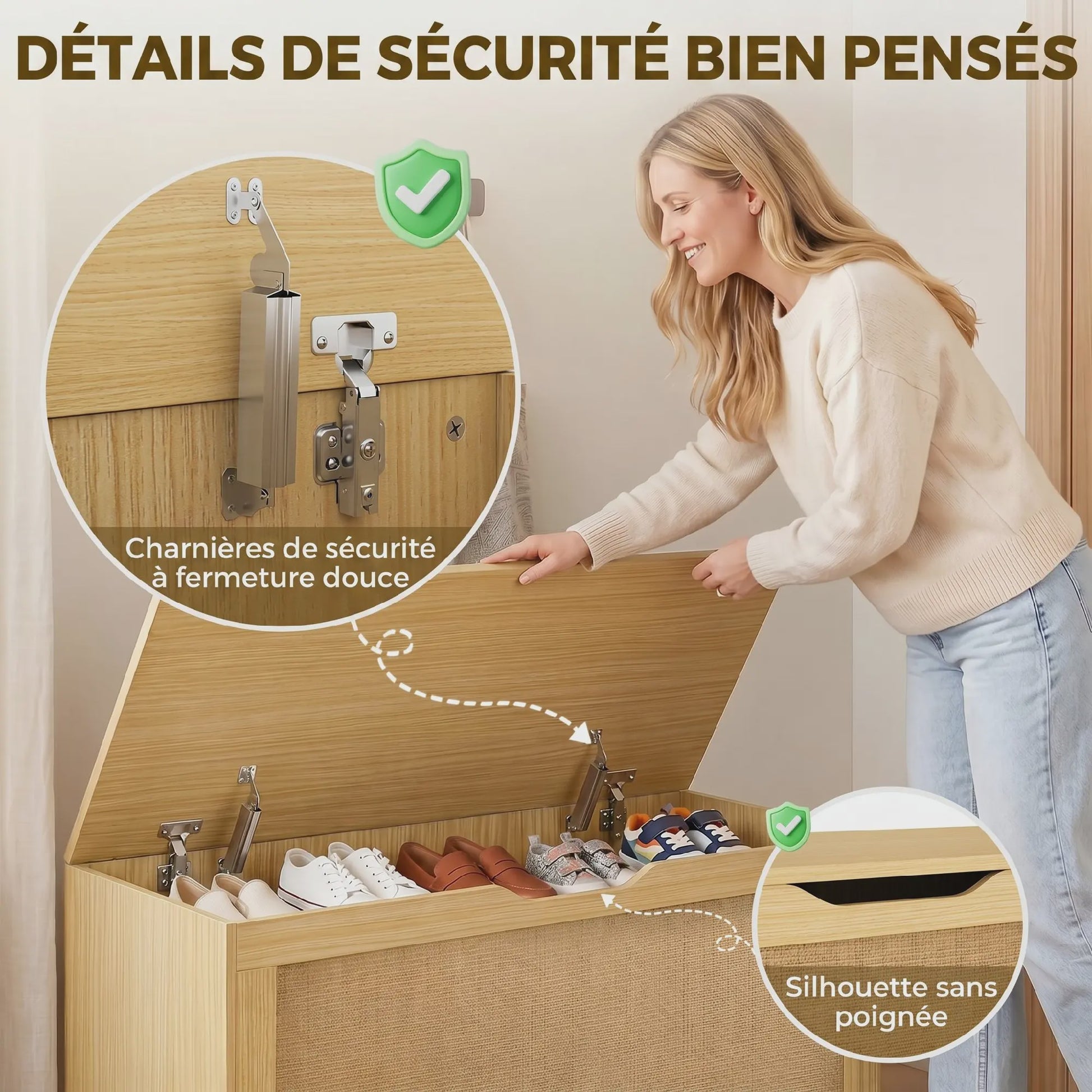 HOMCOM Rotan Opbergkist 136L - Bank met Veiligheidsscharnieren, Eikenlook