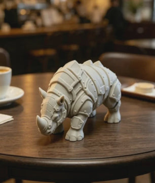 3D Geprinte Gepantserde Neushoorn Figuur - Middeleeuwse Rivet Punk Sculptuur