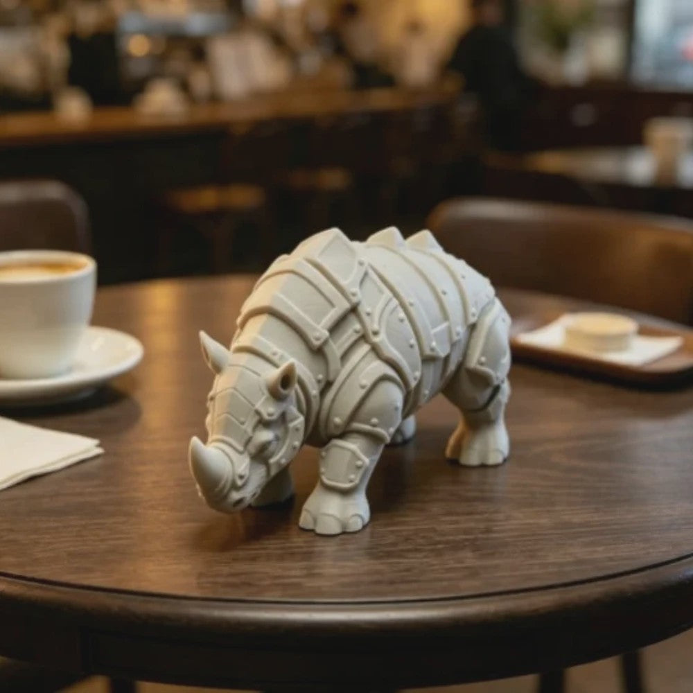3D Geprinte Gepantserde Neushoorn Figuur - Middeleeuwse Rivet Punk Sculptuur