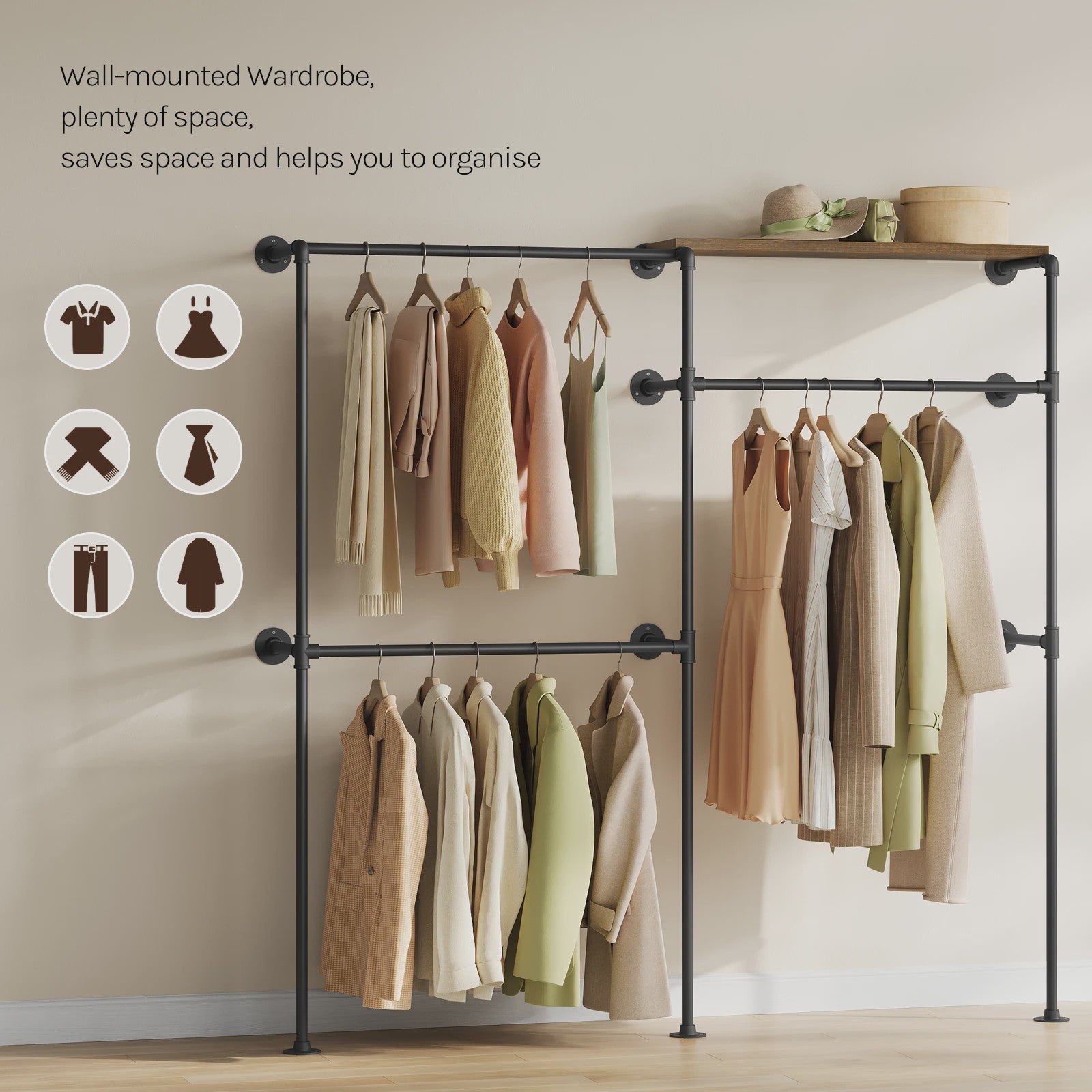 Industriële Wandmontage Kledingrek met 5 MDF Planken & Kledingroede - Open Garderobe