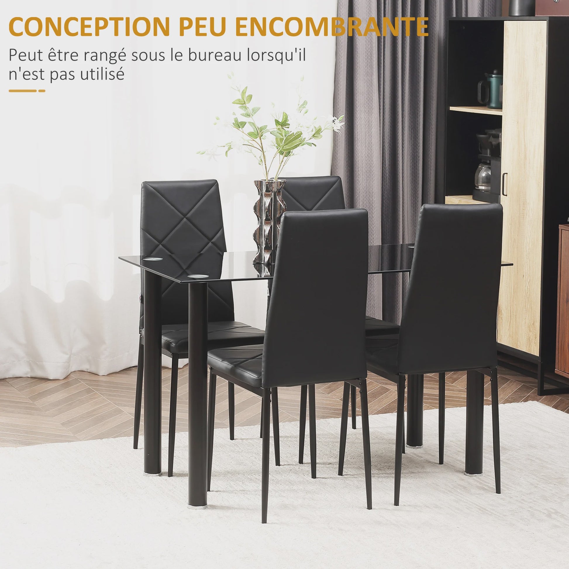 Eetkamer Set: Glazen Eettafel met 4 Zwarte Stoelen - Modern Design