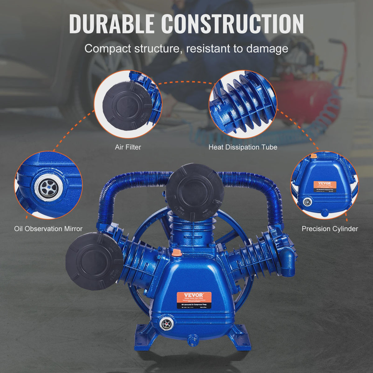 10PK 3-Cilinder Oliegesmeerde Compressor Pompkop - 90PSI, V-Type