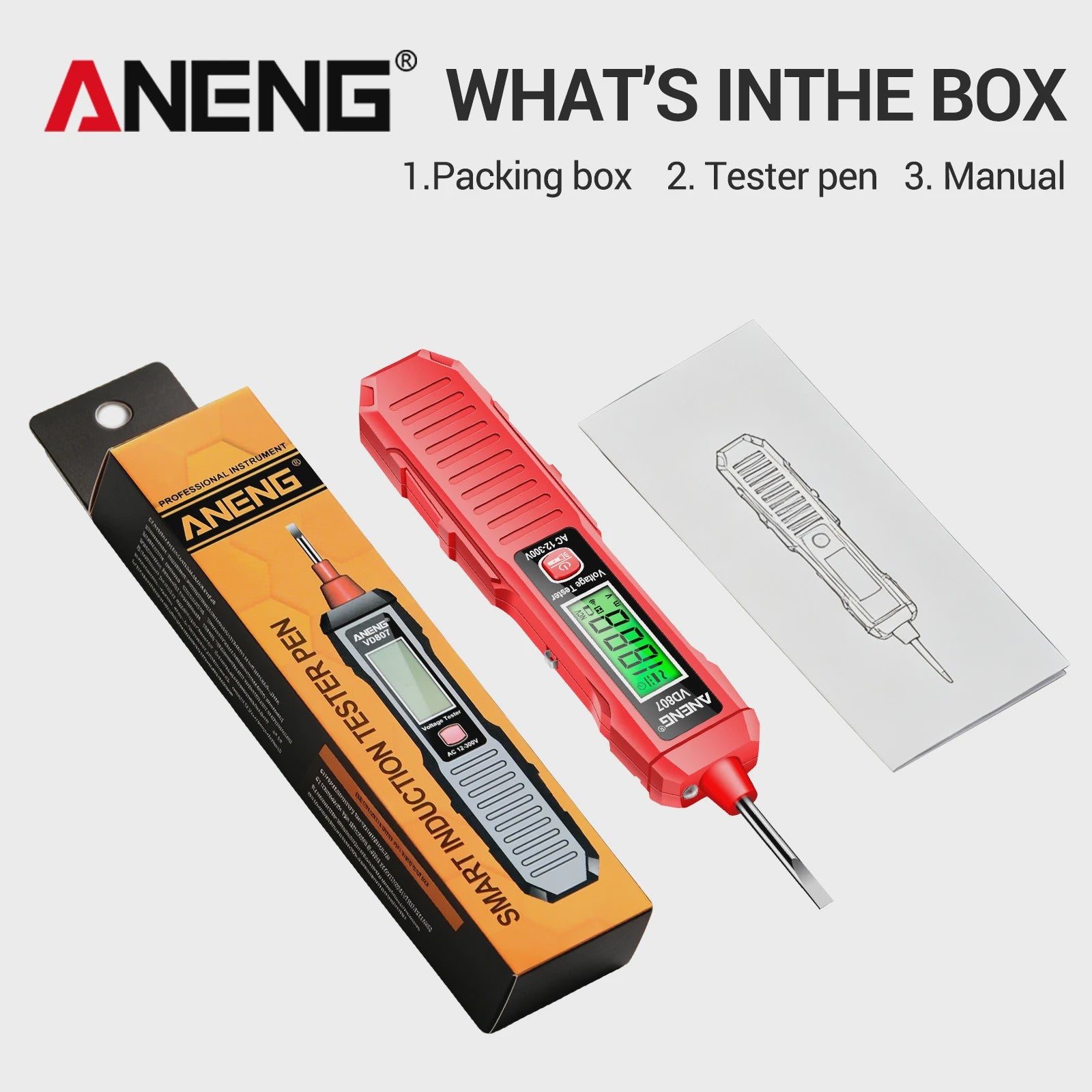 ANENG VD807 Spanningsmeter Pen: 12-300V AC, Contact/Non-Contact Nul/Fase Detector met LED Zaklamp