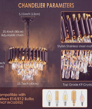 Luxe Zwarte & Gouden Kristallen Kroonluchter met Verstelbare Ketting - Stijlvolle Hanglamp
