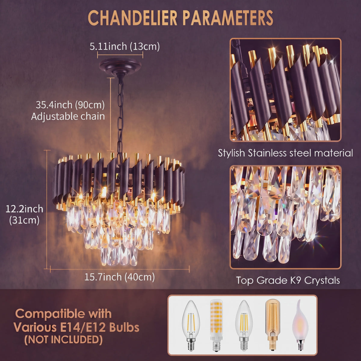 Luxe Zwarte & Gouden Kristallen Kroonluchter met Verstelbare Ketting - Stijlvolle Hanglamp