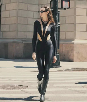 Dames Jumpsuit Zwart Mesh Patchwork Lange Mouwen Sexy Skinny