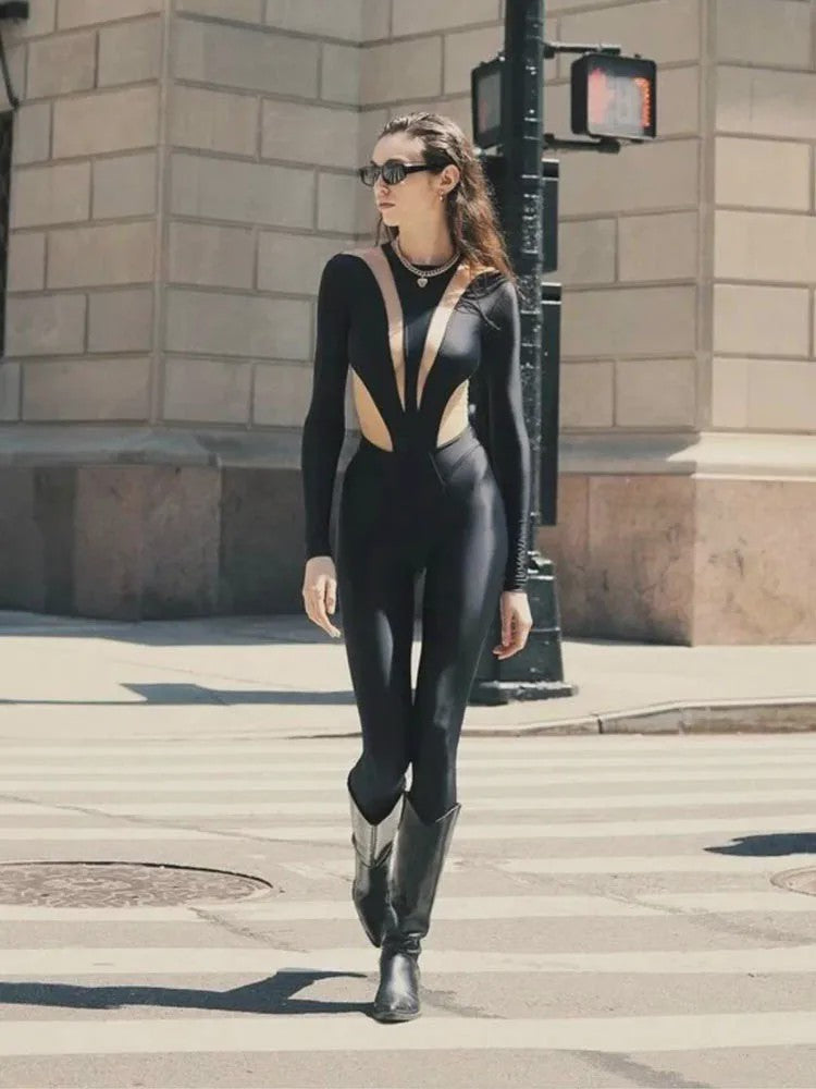 Dames Jumpsuit Zwart Mesh Patchwork Lange Mouwen Sexy Skinny