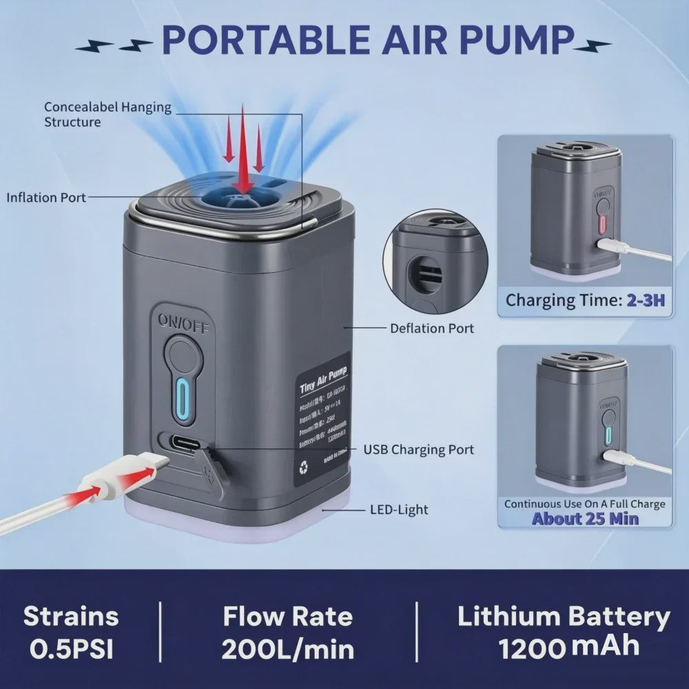 Draagbare Mini Luchtpomp - USB Oplaadbaar, 3-in-1 Pomp & Zuiger