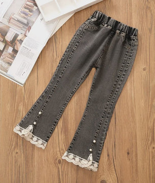 Bell-bottom Jeans voor Meisjes met Kraaltjes en Kant - Modieuze Stretch Denim Broek