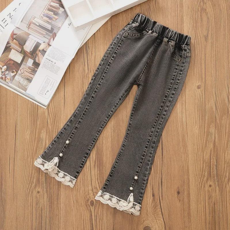 Bell-bottom Jeans voor Meisjes met Kraaltjes en Kant - Modieuze Stretch Denim Broek