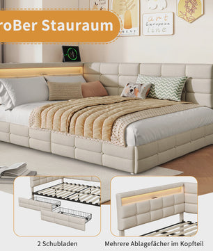 L-vormig Gestoffeerd Bed met USB, LED en Opbergruimte - Beige/Grijs