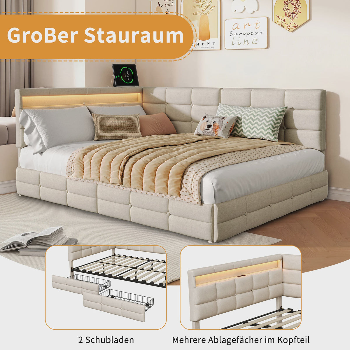L-vormig Gestoffeerd Bed met USB, LED en Opbergruimte - Beige/Grijs