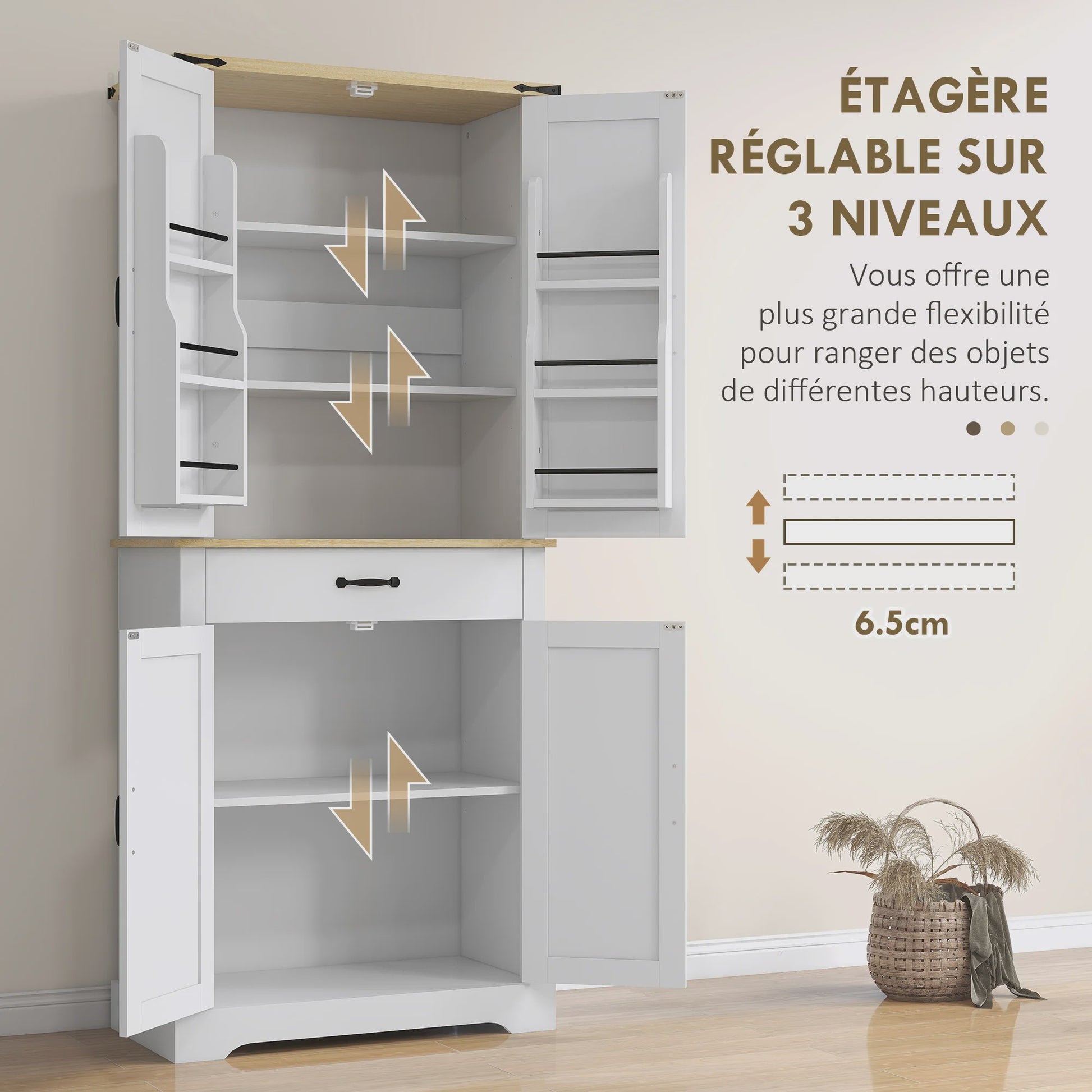 HOMCOM Keuken Buffetkast met 4 Deuren, Lade en 6 Verstelbare Planken - Wit 181 cm