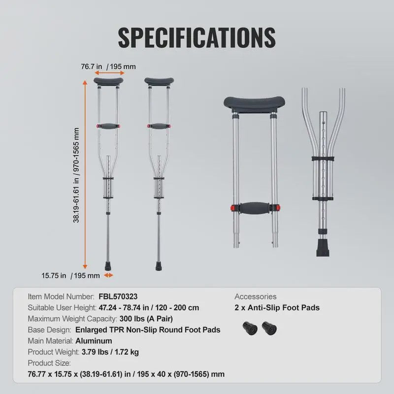 Set van 2 Verstelbare Aluminium Okselkrukken met Zachte Pads - Ideaal voor Volwassenen & Tieners na Blessure of Operatie
