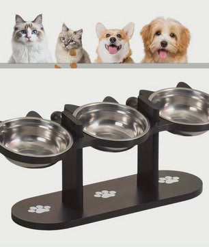 Verhoogde Voerbak Set voor Katten en Honden met 3 RVS Bakjes en Verstelbare Hoogte