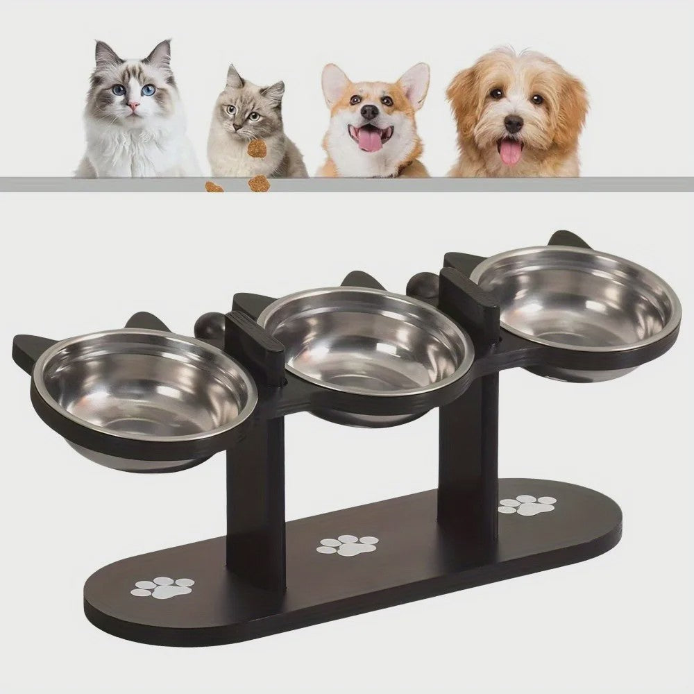 Verhoogde Voerbak Set voor Katten en Honden met 3 RVS Bakjes en Verstelbare Hoogte
