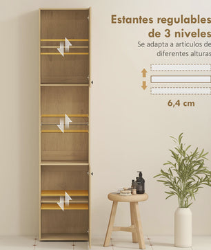 Hoge Smalle Badkamerkast met 6 Niveaus, 2 Deuren en Eikenlook - 40x31x182 cm