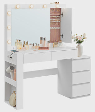 VASAGLE Kaptafel met LED Verlichting, Spiegel, Sieradenkast & Stopcontacten