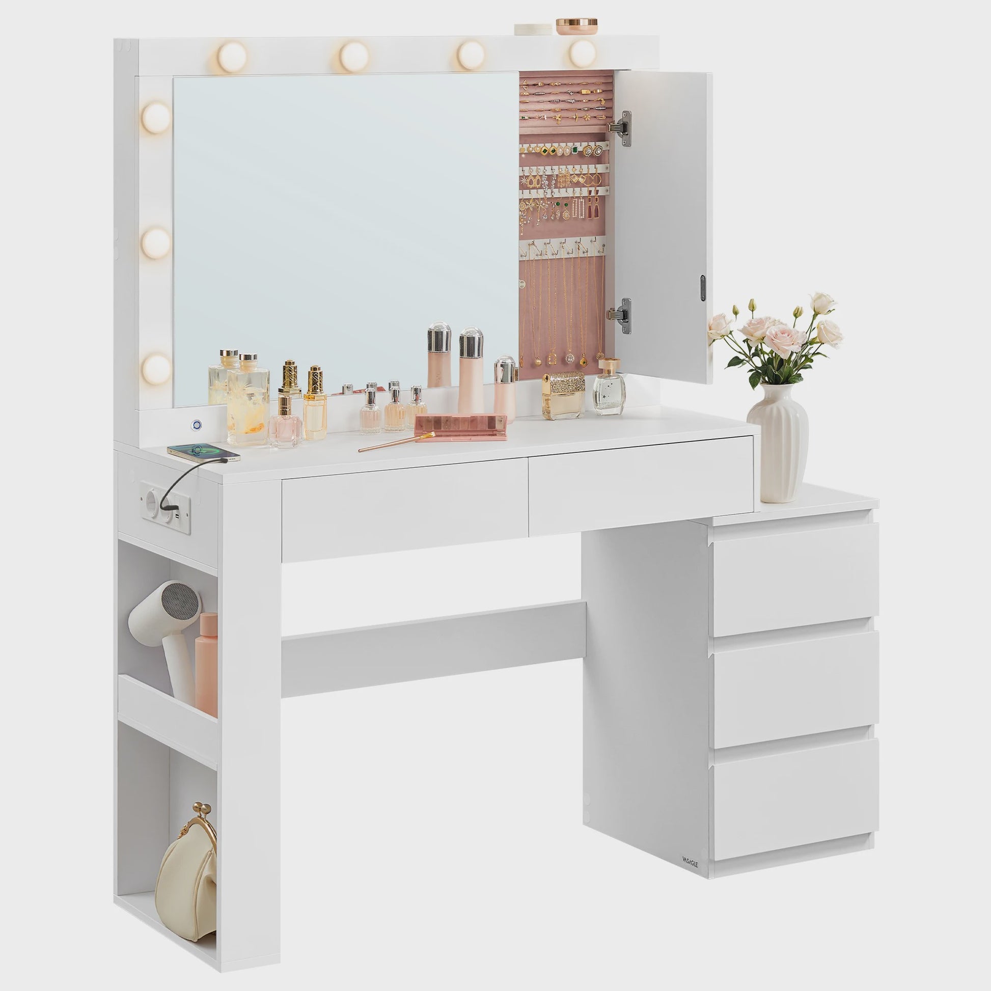 VASAGLE Kaptafel met LED Verlichting, Spiegel, Sieradenkast & Stopcontacten