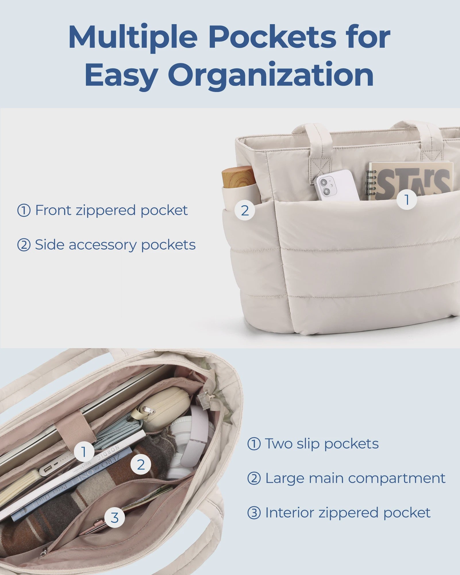 BAGSMART Grote Puffer Tote Bag - Stijlvolle en Ruime Handtas voor Werk, Studie en Shoppen