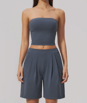 Dames Yogaset 2-delig: Strapless Crop Top & Plissé Shorts voor Fitness, Running & Gym