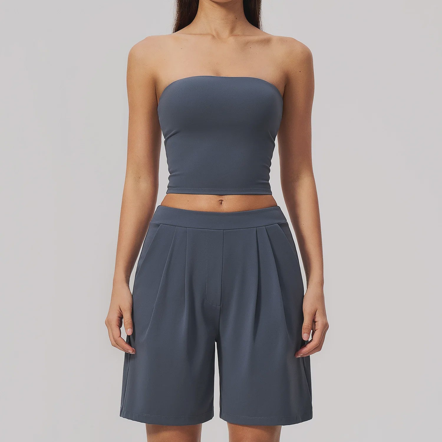 Dames Yogaset 2-delig: Strapless Crop Top & Plissé Shorts voor Fitness, Running & Gym