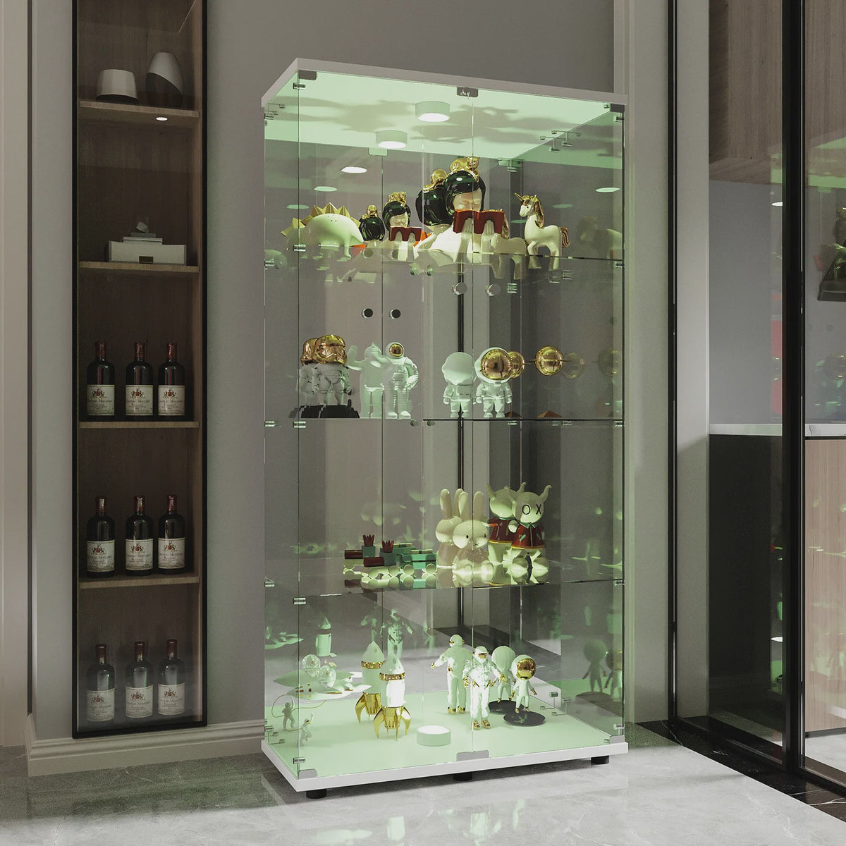 Moderne Glazen Vitrinekast met LED Verlichting, 4 Legborden en 2 Deuren