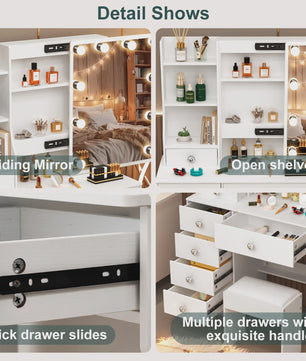 Witte Kaptafel met Schuifspiegel, Dimbare LED Verlichting, 6 Lades en Kruk