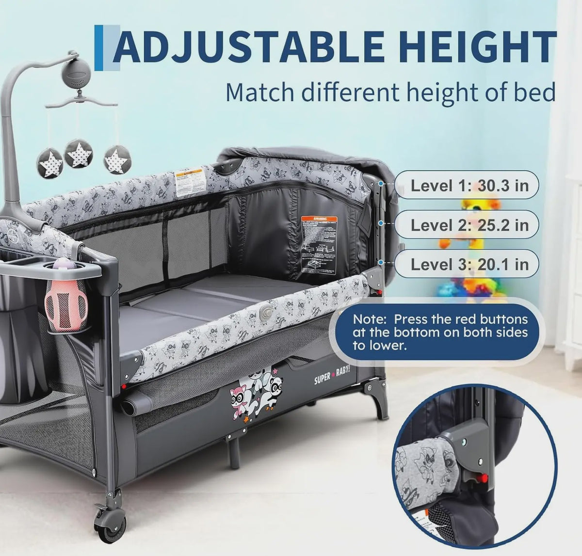 5-in-1 Baby Reiswieg met Commode, Matras en Speelboog - Snel Opvouwbaar