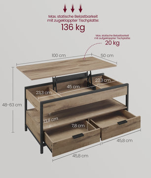 Verstelbare Salontafel met Lade en Open Vak - 100x50cm