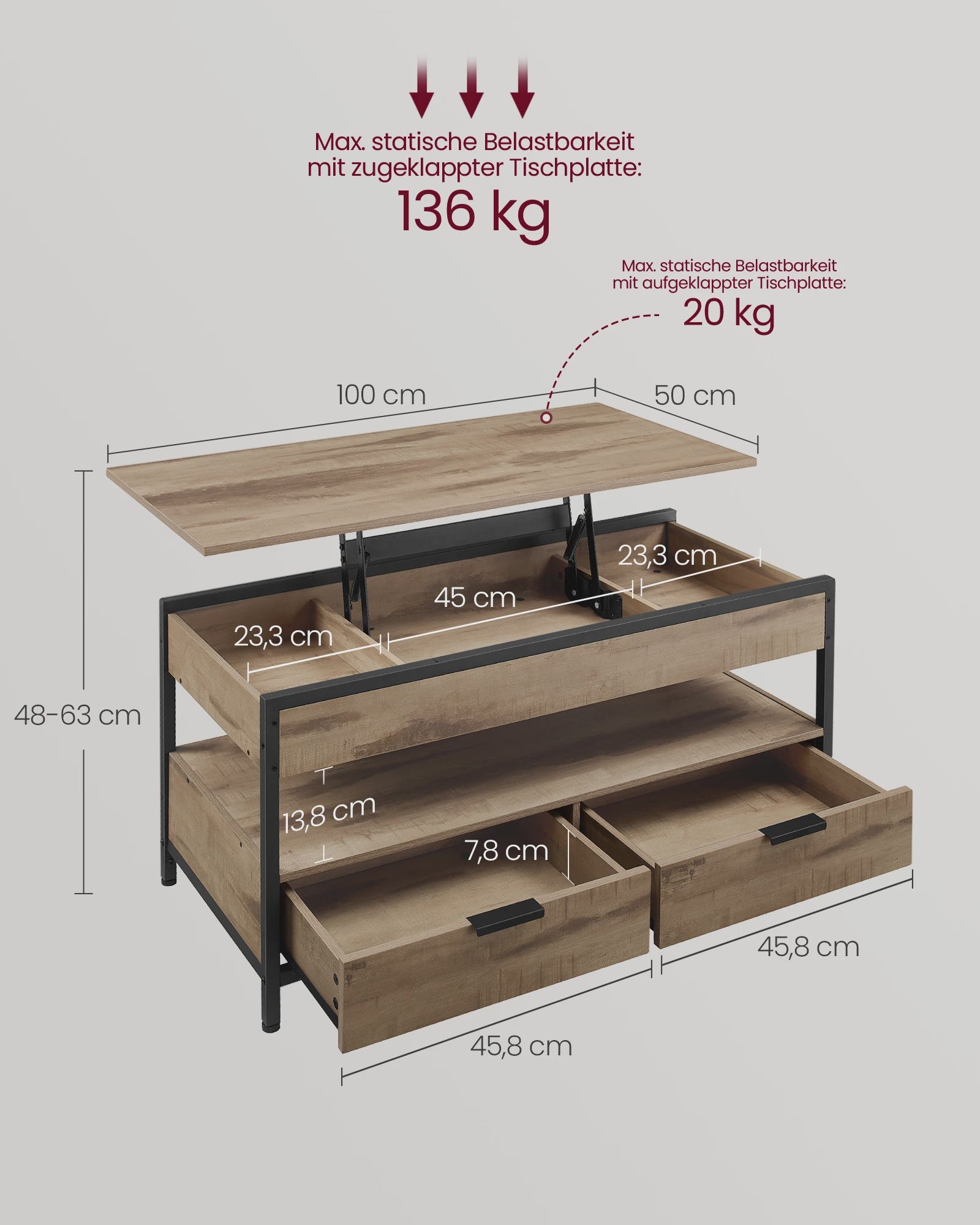 Verstelbare Salontafel met Lade en Open Vak - 100x50cm